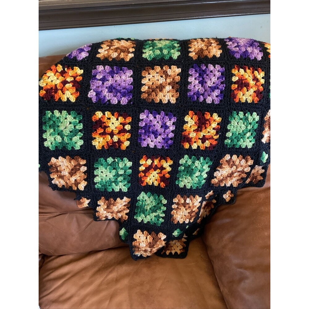 Granny Square Afghan Throw Blanket 86 X 64” Black Red Purple Green Handmade Vtg